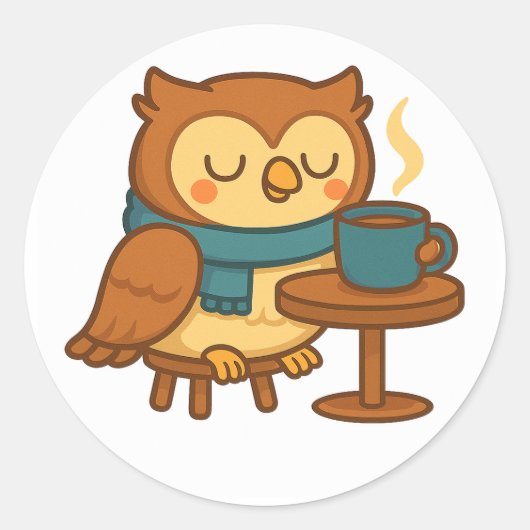 Owl Coffee Break (White Background) Sticker ラウンドシール (正面)