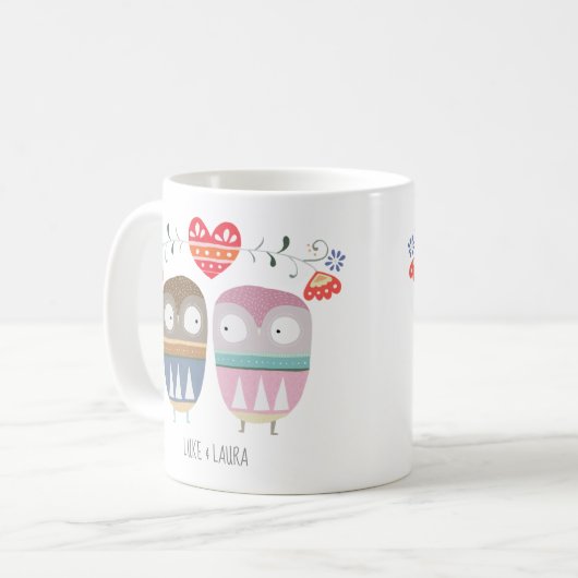 Owl Coupleおもしろいグラフィックアートカップルギフト名前をカスタムする コーヒーマグカップ (正面左)
