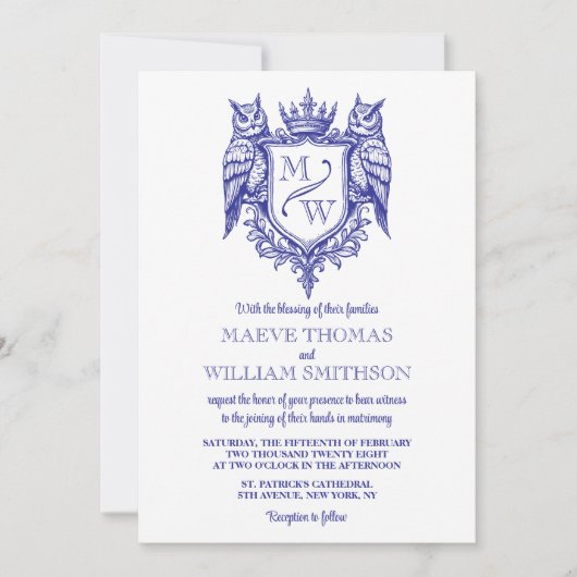 Owl Crest Royal Monogram Wedding Invitation (正面)