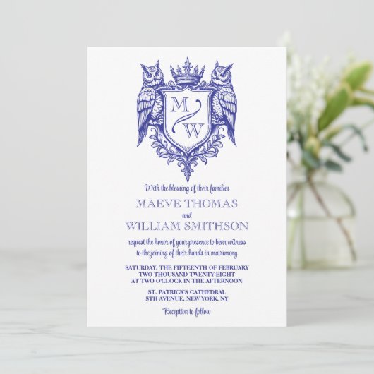 Owl Crest Royal Monogram Wedding Invitation (スタンド正面)