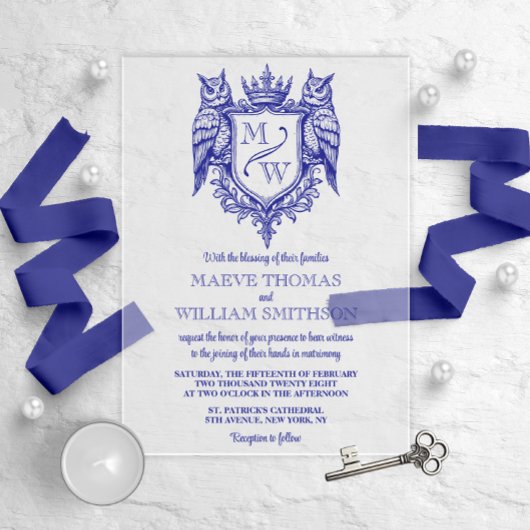 Owl Crest Royal Monogram Wedding Invitation アクリル招待状