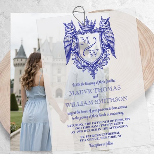 Owl Crest Royal Monogram Wedding Overlay ベラム紙招待状