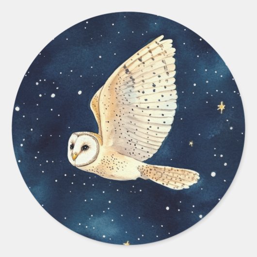 Owl Flying in Starry Night Watercolor Christmas  ラウンドシール (正面)