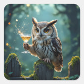 Owl Holding a Cocktail In a Mystical Forest スクエアシール (正面)