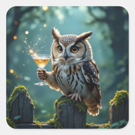Owl Holding a Cocktail In a Mystical Forest スクエアシール (正面)