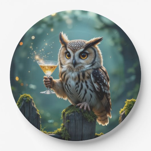 Owl Holding a Cocktail In a Mystical Forest ペーパープレート (正面)