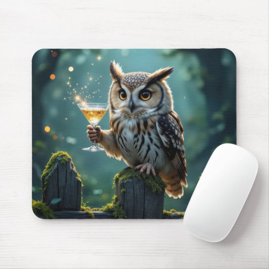 Owl Holding a Cocktail In a Mystical Forest マウスパッド (マウス)