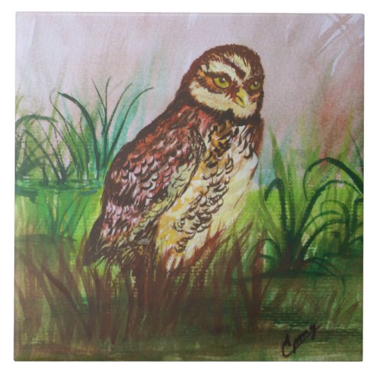 Owl in nature watercolor art タイル (正面)