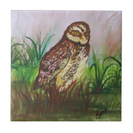 Owl in nature watercolor art タイル