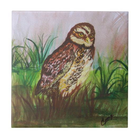 Owl in nature watercolor art タイル (正面)