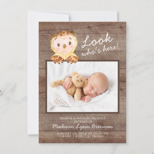 Owl Look Who's Here Boy Photo Birth Announcement 案内状 (正面)