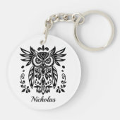 Owl Lovers Rustic Woodlands Black White Bohemian キーホルダー (裏面)