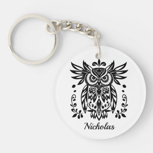 Owl Lovers Rustic Woodlands Black White Bohemian キーホルダー (正面)