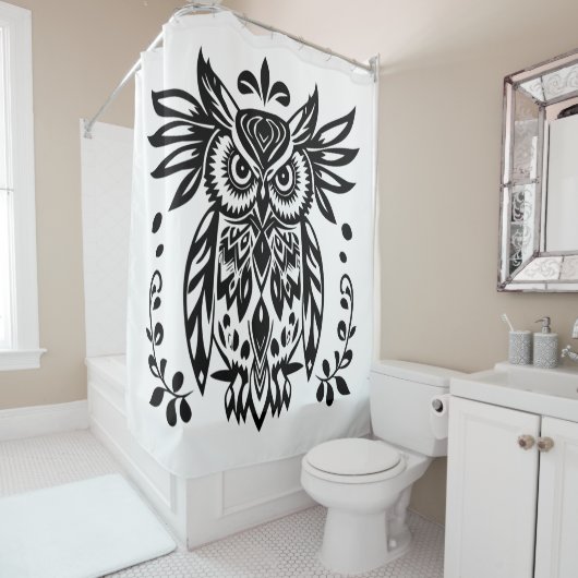 Owl Lovers Rustic Woodlands Black White Bohemian シャワーカーテン (インサイチュ)