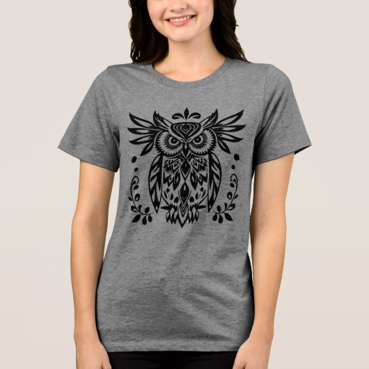 Owl Lovers Rustic Woodlands Black White Bohemian トライブレンドTシャツ (正面)