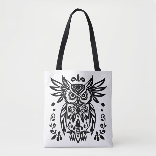 Owl Lovers Rustic Woodlands Black White Bohemian トートバッグ (正面)