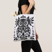 Owl Lovers Rustic Woodlands Black White Bohemian トートバッグ (クローズアップ)