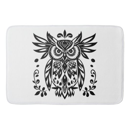 Owl Lovers Rustic Woodlands Black White Bohemian バスマット (正面)