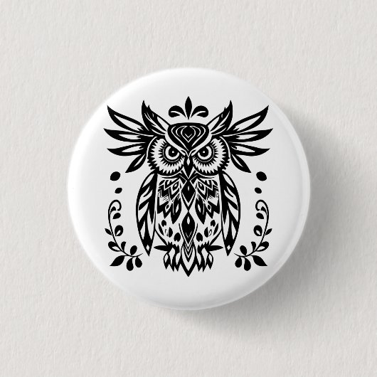 Owl Lovers Rustic Woodlands Black White Bohemian  缶バッジ (正面)