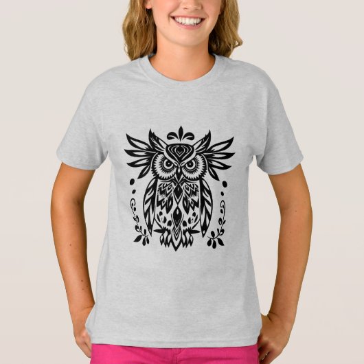 Owl Lovers Rustic Woodlands Black White Bohemian Tシャツ (正面)