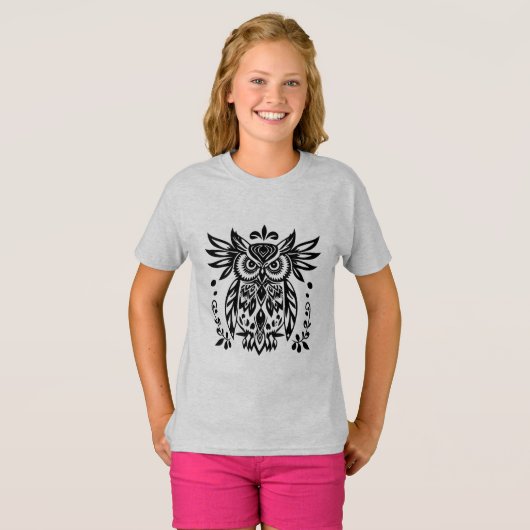 Owl Lovers Rustic Woodlands Black White Bohemian  Tシャツ (正面フル)