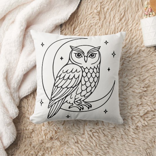  Owl on Crescent Moon with Stars Line Art クッション (ブランケット)