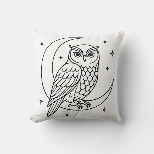  Owl on Crescent Moon with Stars Line Art クッション (正面)