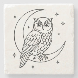  Owl on Crescent Moon with Stars Line Art ストーンコースター