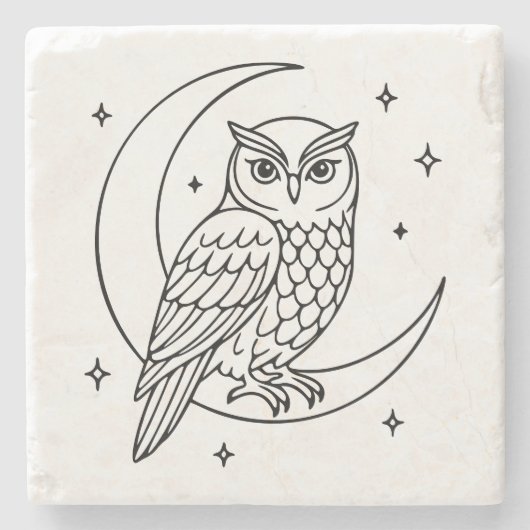 Owl on Crescent Moon with Stars Line Art ストーンコースター (正面)