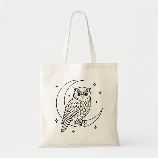 Owl on Crescent Moon with Stars Line Art トートバッグ (正面)