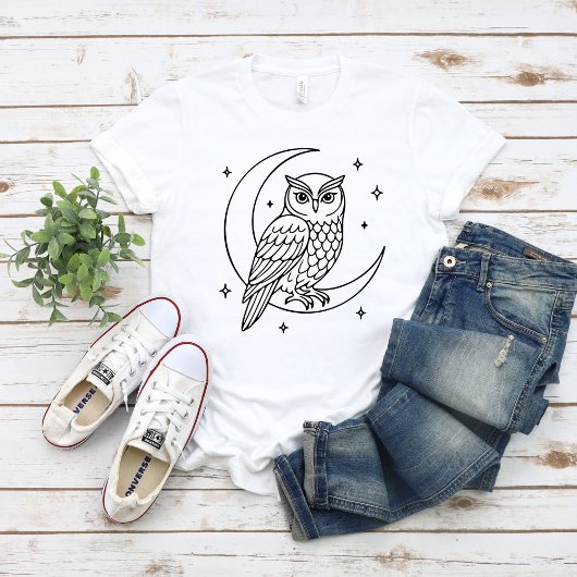  Owl on Crescent Moon with Stars Line Art Tシャツ
