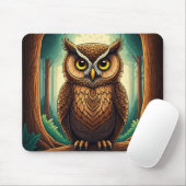 Owl perched on a tree log in a forest マウスパッド (マウス)