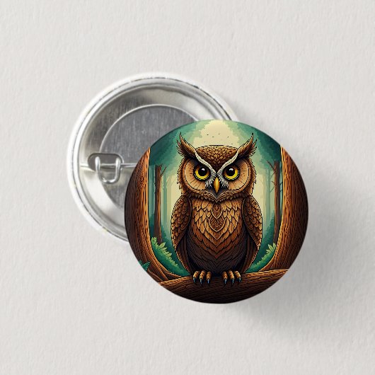 Owl perched on a tree log in a forest 缶バッジ (正面&裏面)
