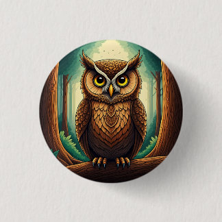 Owl perched on a tree log in a forest 缶バッジ