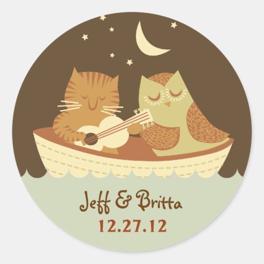 Owl & Pussycat Storybook's 結婚 (Blue and Brown) ラウンドシール (正面)