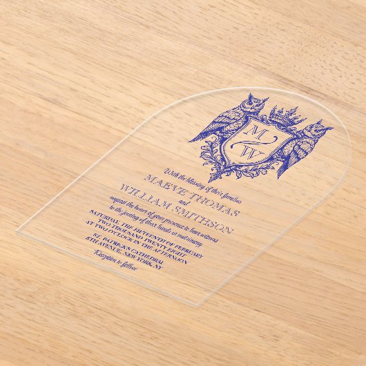 Owl Royal Crest Monogram Arch Wedding Invitation アクリル招待状 (レイダウン)