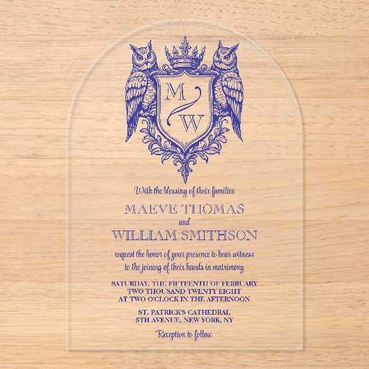Owl Royal Crest Monogram Arch Wedding Invitation アクリル招待状 (正面)