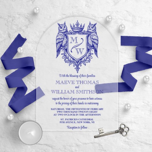 Owl Royal Crest Monogram Arch Wedding Invitation アクリル招待状