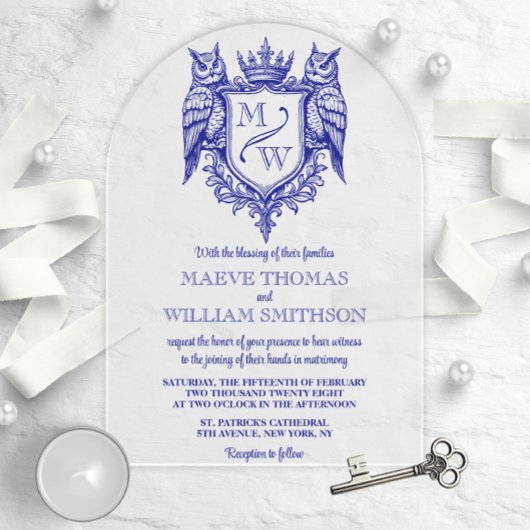Owl Royal Crest Monogram Arch Wedding Invitation アクリル招待状