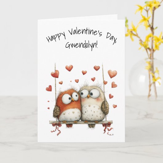 Owl Sweethearts Whimsical Happy Valentine's Day カード (黄色い花)