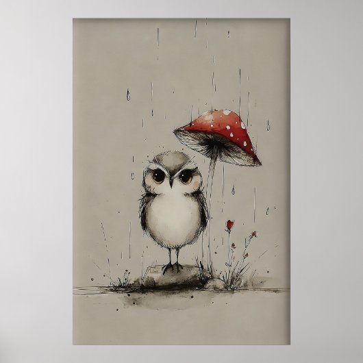 Owl Under Mushroom Printable Art, Spring Sketch ポスター (正面)