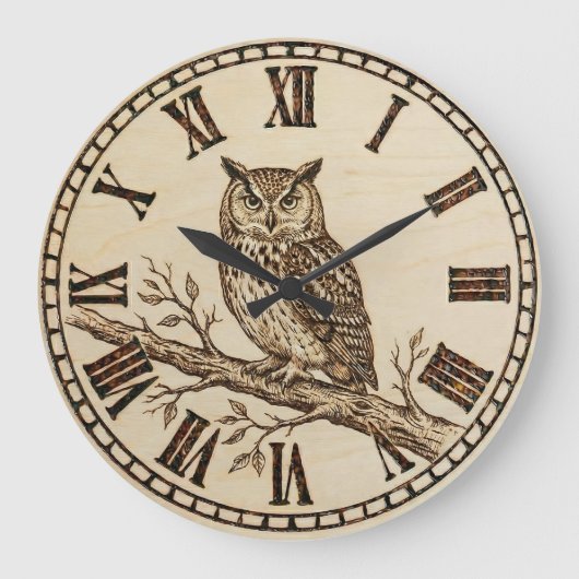 Owl Wall Clock – Forest Wood-Burned Style ラージ壁時計 (正面)