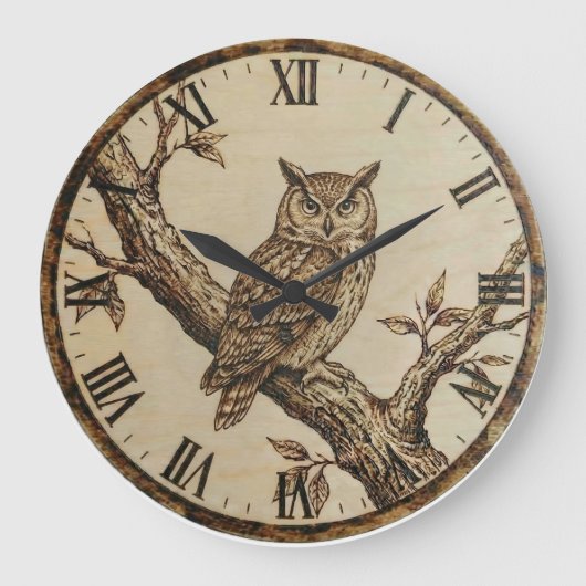 Owl Wall Clock _ Wood-Burned Forest Style ラージ壁時計 (正面)
