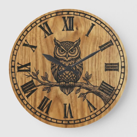 Owl Wall Clock - Wooden Style Design ラージ壁時計 (正面)