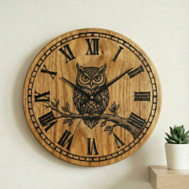 Owl Wall Clock - Wooden Style Design ラージ壁時計