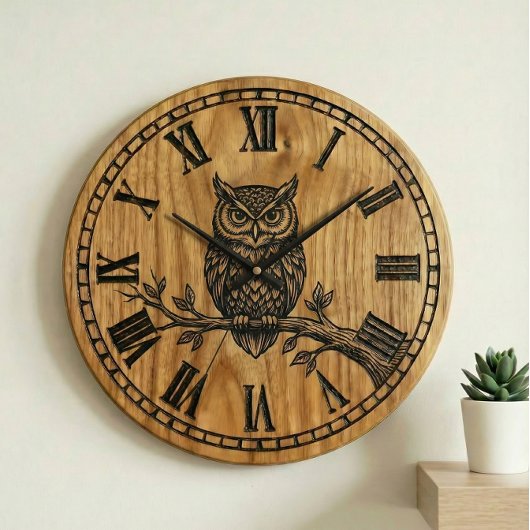 Owl Wall Clock - Wooden Style Design ラージ壁時計
