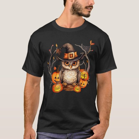 Owl Witch Hat Pumpkin Spooky Halloween Kids Men Wo Tシャツ (正面)