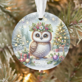 Owl with Holly Wreath & Snowy Trees オーナメント