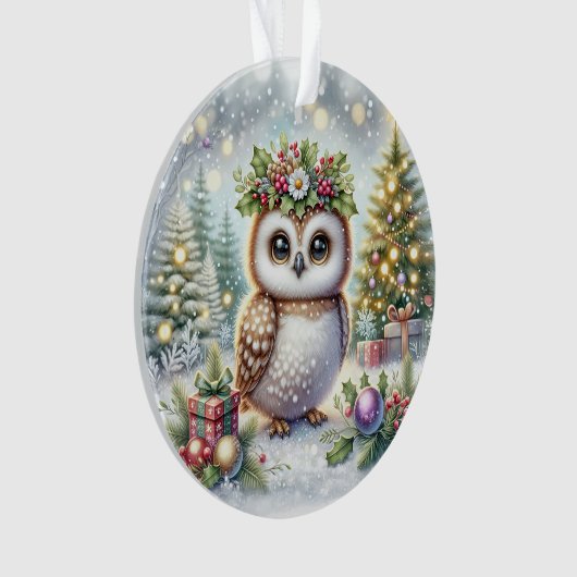 Owl with Holly Wreath & Snowy Trees オーナメント (正面)