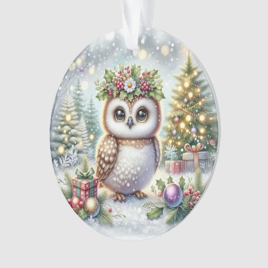 Owl with Holly Wreath & Snowy Trees オーナメント (正面)